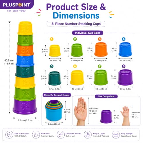 Image of PLUSPOINT Stacking Cups Baby Toy | 8-Piece Rainbow Nesting & Stackable Cups with Numbers | Montessori Educational Learning Toy for Babies 6-12 Months & Toddlers 1-3 Years
