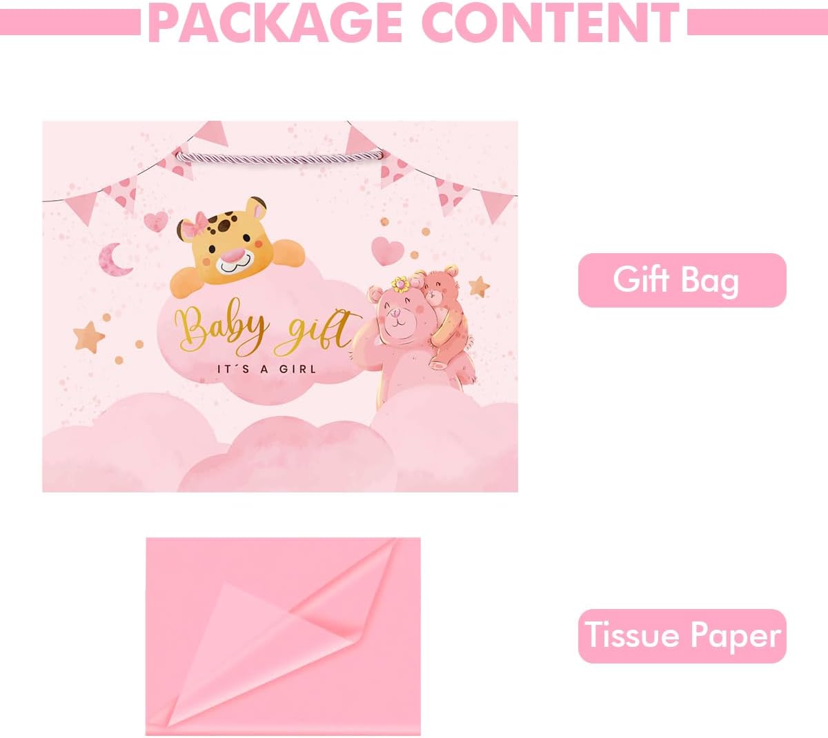 Baby Girl Gift Bag with Handles 12.5'' Cute Pink Gift Bag It's A Girl Cuddle Bear Tiger Design With 3 Matching Tissue Paper for Baby Shower Birthday Newborn Gifts Gender Reveal Party Favors Decor Supplies - Image 3