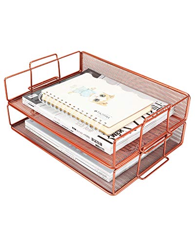 EasyPAG 2 Tier Stackable Letter Tray Desk Organizer | Stackable Paper Tray Organizer | The Mesh Collection,Rose Gold