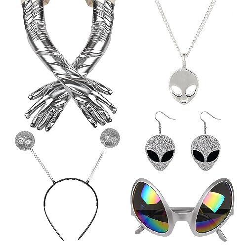 Lezevn 5 Pieces Alien Accessory Alien Ball Boppers Headband Silver Long Gloves Earrings Glasses Necklace Alien Cosplay Costume Accessories