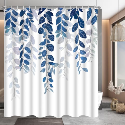 Lerores Shower Curtain, 240 x 200 cm, Blue Leaf, Weighted Hem, Anti-Mould Textile, Water-Repellent