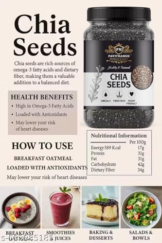 Image of Pavitransh Premium Chia Seeds, Organic, Rich in Omega-3 and Fiber, Heart Friendly, Natural, 250g Jar (250gm)