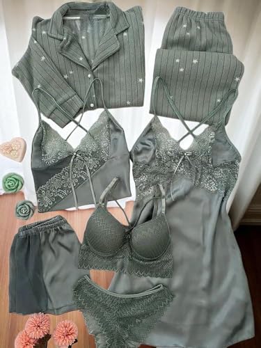Image of Valentine's Day Fancy Night Suit & Bra Penty Set Combo for Women's Pack of 7 Pcs Nightwear Lingerie Grey Nightwear Wedding Gifts