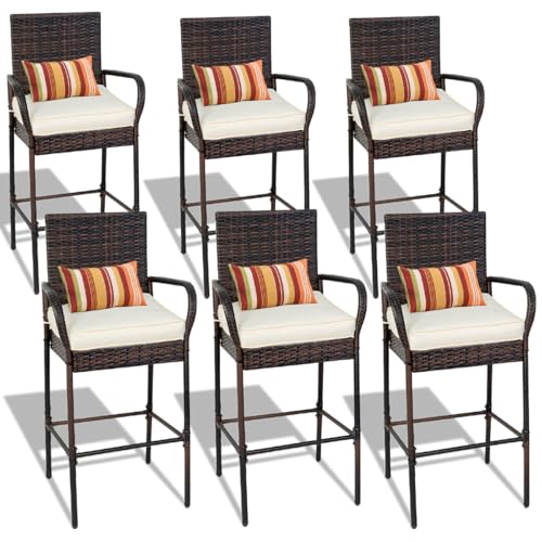 Image of Sundale Outdoor Wicker Bar Stool Set of 6, Patio Counter Height Pub Chair with Arms, High Top Rattan Barstool, Cushion Beige, All-Weather Outdoor Rattan Furniture (Brown&Beige, Small Seat - 6 Stools)