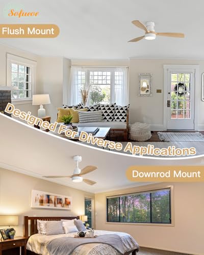 Image of Sofucor 48 Inch Wood Ceiling Fans with Lights, Flush /Downrod Mount, Remote | Quiet Reversible DC Motor, 3CCT Dimmable, 6 Speeds, Timer, Indoor /Outdoor /Bedroom /Living Room /Patio /Kitchen, Natural Wood