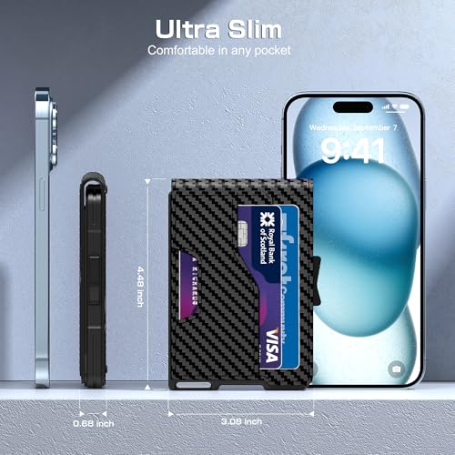 Image of Wallet for Men - Pop Up Case, Cash Slot, and Credit Card Wallet - Slim Minimalist Aluminum Front Pocket Wallet with RFID Blocking /ID Window (Vertical Carbon Fiber)