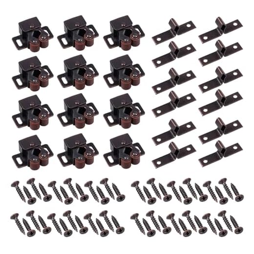 Hardware Roller Catch Justech 12 PCS Double Roller Catch Brown Antique Copper Catch Door Latch with Installation Screws for Cabinet Drawer Closet