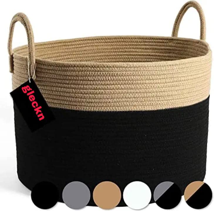 Gleckn Jute Cotton Basket, Handcrafted Woven Storage Planter Basket for Home Decor, Multi-Purpose Bag with Handle for Living Room Bathroom Laundry & Toys (15 X 13 Inches, Honey Black) (B0B8BN88WP) Amazon Price History, Amazon Price Tracker