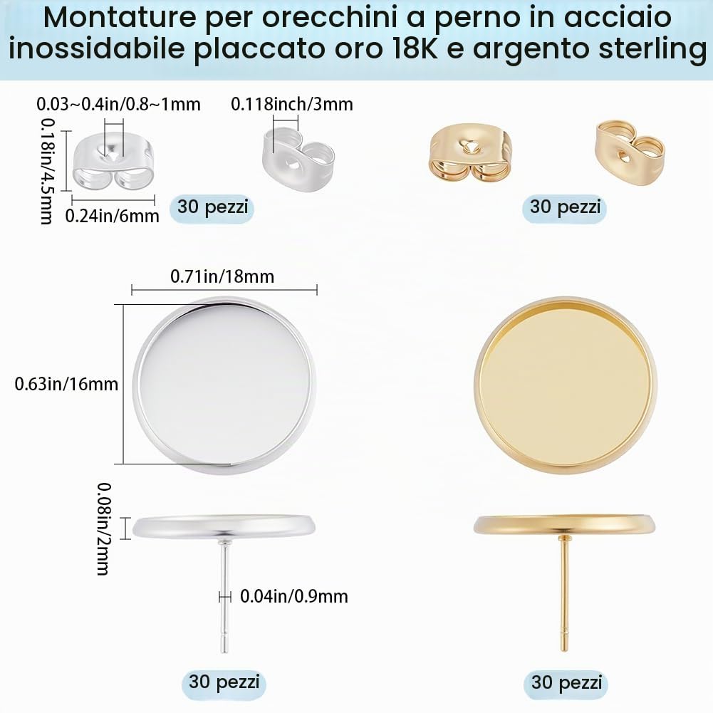 Beebeecraft 1 Scatola da 60 Pezzi di Cabochon per Orecchini in Acciaio Inossidabile Placcato in Oro 18K e Argento Sterling con Base A Castone Perni A Tazza per La Creazione di Gioielli