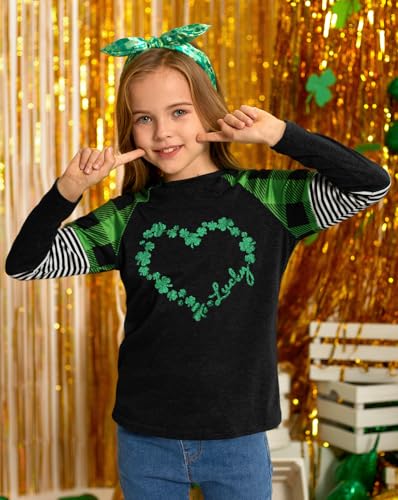 Image of BesserBay Girls St Patrick's Day Raglan Shirt Irish Sequin Lucky Stripe Shamrock Graphic Top 4-14 Years