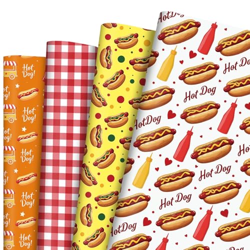 Pineraap 12 Sheets Hot Dog Wrapping Paper, Funny Gift Wrap Food Themed Gift Packing Paper for Birthday Party Holiday Christmas Baby Shower, 20 x 28 Inch