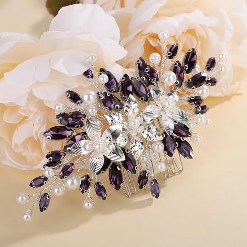 Peine de boda con cristales y perlas moradas vintage miniatura 4