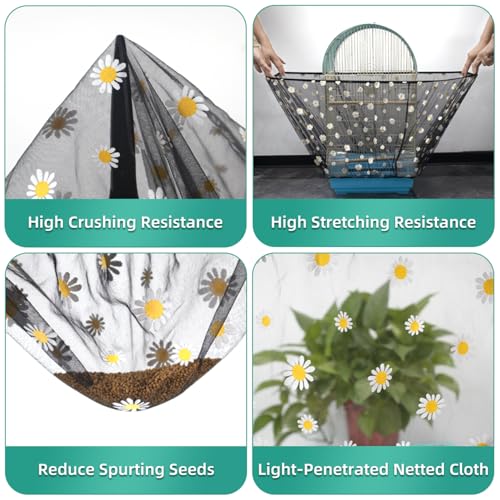 Image of Bird Cage Seed Catcher, Seed Catcher Guard Net Cover, Parrot Nylon Mesh Net Cover, Universal Soft Airy Cage Net Stretchy Skirt for Round Square Cages (Daisy-Black, 15.7 inch x87 inch)