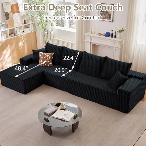 Image of 140 inch L Shaped Cloud Sectional Couch for Living Room, Modular Floor Deep-Seat Sofa, Big Comfy Corduroy Couches Set with Fluffy Memory Foam for Living Room Bedroom, No Assembly Required, Black