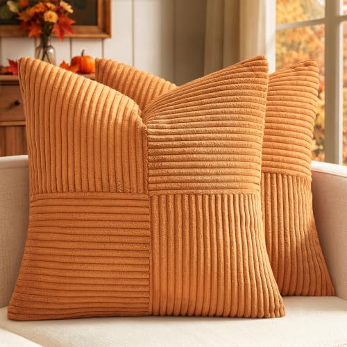 Image of MIULEE Burnt Decorative Euro Sham Pillow Covers 24x24 Inch for Bed Couch Sofa Pack of 2 Fall Boho Farmhouse Throw Pillows Soft Cross Corduroy Patchwork Textured Cushion Cases