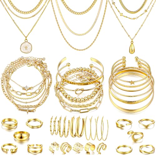 Image of FAXHION 68 Pcs Gold Jewelry Set for Women with 7 Necklace, 17 Bracelet, 5 Hoop Earrings, 15 Stud Earrings, 24 Knuckle Rings for Women Jewelry Set for Women Gift