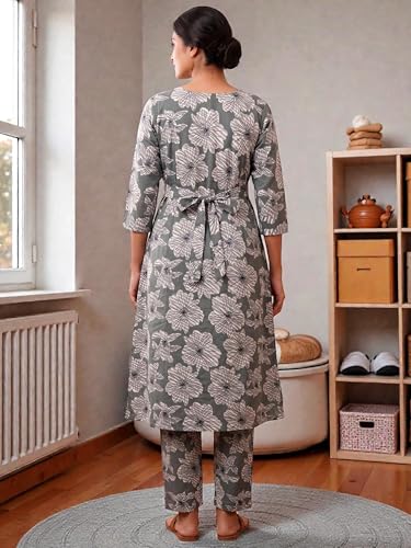 Image of RITIJYA Pure Cotton Feeding Kurta Pant Set for Women | Floral Anarkali Pregnancy Dress with Concealed Nursing Zipper Side Pocket | Pre & Post Partum | Maternity Dresses | Baby Shower Outfit