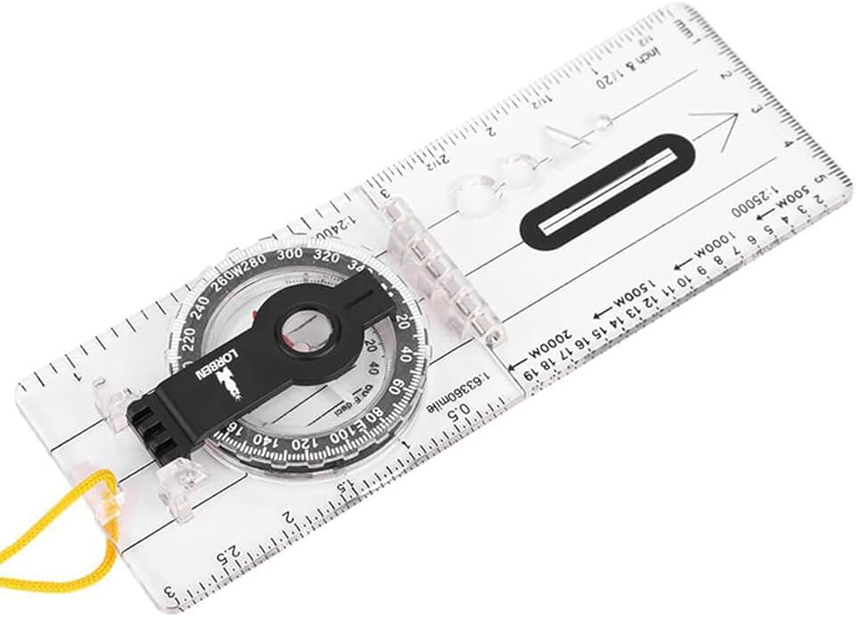 Bússola Direcional Dobrável Lorben para Mapa com Escala Régua Lupa Cordão Camping Sobrevivência GT6145