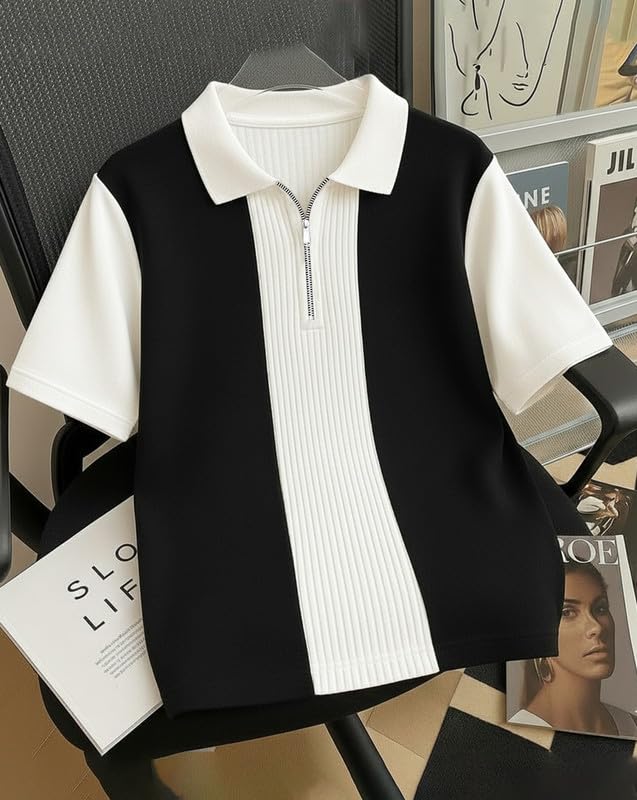 Image of AUSK Men's Textured Vertical Striped Knit Polo T-Shirt | Half Sleeve Zipper Neck Self-Design Casual Tee | Mens Tshirts