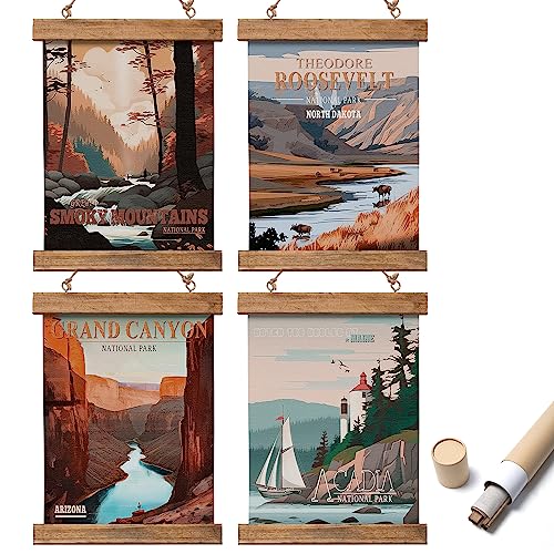 Image of SHOXREM Abstract National Park Wall Art - Set of 4 Vintage Travel Posters - Mountain Wall Decor featuring Theodore Roosevelt, Great Smoky Mountains, Acadia, Grand Canyon National Parks
