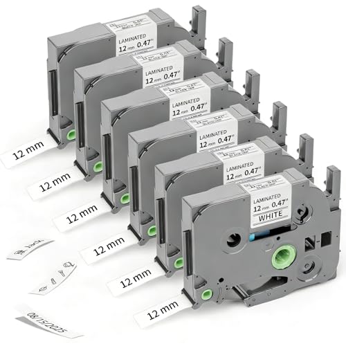 Tze TZ Tape 12mm 0.47 Laminated White Replace for Brother Label Maker Tape P Touch Label Tape TZe231 1/2" TZe-231 for Brother Ptouch PT-D200 D210 D220 H110 D410 P710BT 1750 1180 1880 2040, 6-Pack