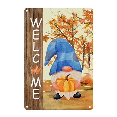 Plaque murale en métal décorative d'automne avec nain de Thanksgiving et citrouille vintage