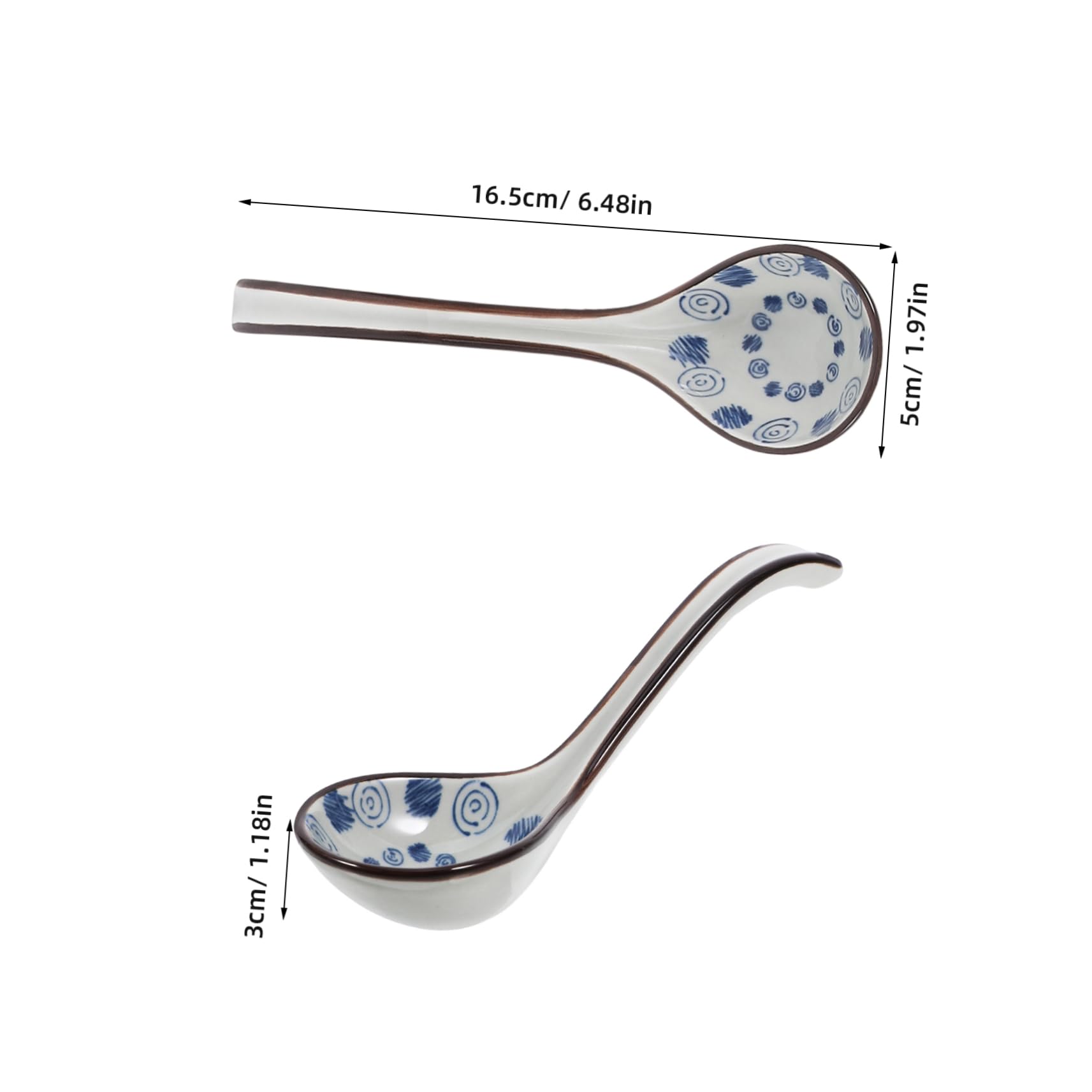 GARVALON 6 Stück Keramik Suppenlöffel Asiatischer Soup Spoon mit Langem Griff Klassisches Muster Leicht zu Reinigen für Suppe und Dumplings