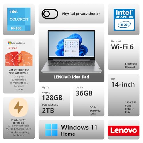 Image of Lenovo IdeaPad 1 Everyday Laptop, 14 inch HD Display, 8GB RAM, 384GB Storage(128GB eMMC + 256GB PCIe), 1 Yr Office 365 Included, Intel Core Processor, Win 11 Home, Bundle with Thunderobot Wireless Mouse