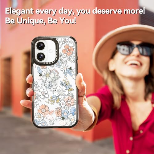 Coque iPhone 16 durable de haute qualité noire à imprimé fleurs de 6,1" - 6