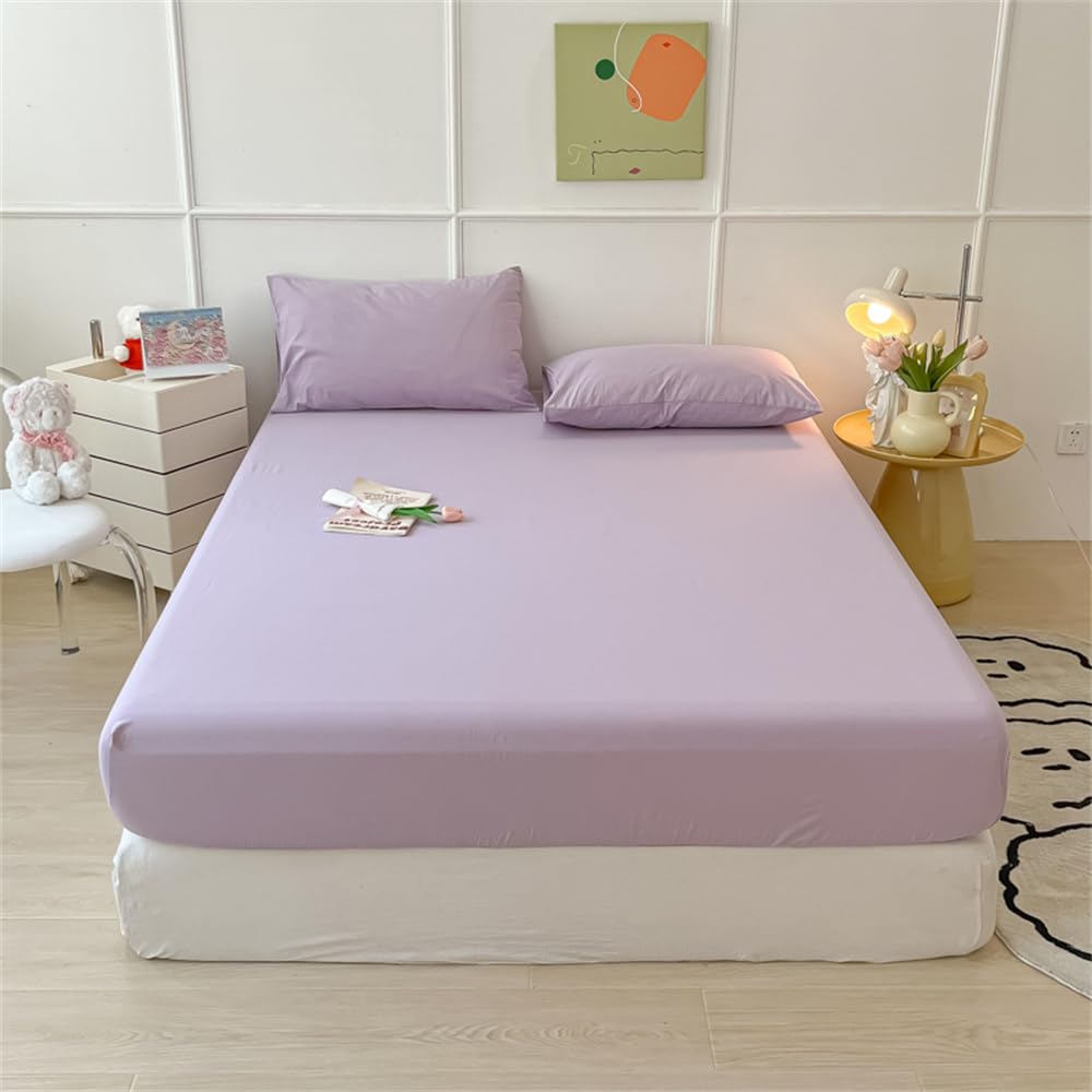 Mateju Solid Color Fitted Sheets with Matching Pillowcase, Deep Pocket 20 cm Microfiber Fitted Bed Sheets Soft Easy Care Fade Resistant for Single Double King Size Bed (Super King,Light Purple)