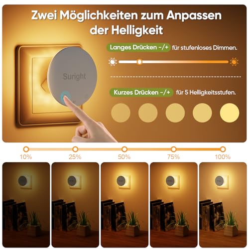 Suright 2 Stück Nachtlicht Steckdosen, Nachtlichter mit Bewegungsmelder, Hinterleuchtete, Helligkeit Dimmbare, 3 Modi, 2700K Warmweiß, 30LM für Flur, Treppe, Schlafzimmer, Kinderzimmer 5