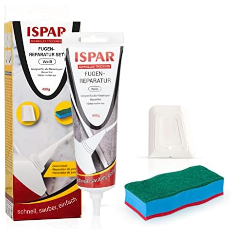 ISPAR Fugen Reparatur Set für Fliesenfugen mit Spachtel und Schwamm, Reparaturmörtel, Fliesenmörtel, Dichtmasse zum erneuern der Fugen, schnell trocknende Fugenmörtel für Fliesen (Weiß) Cover
