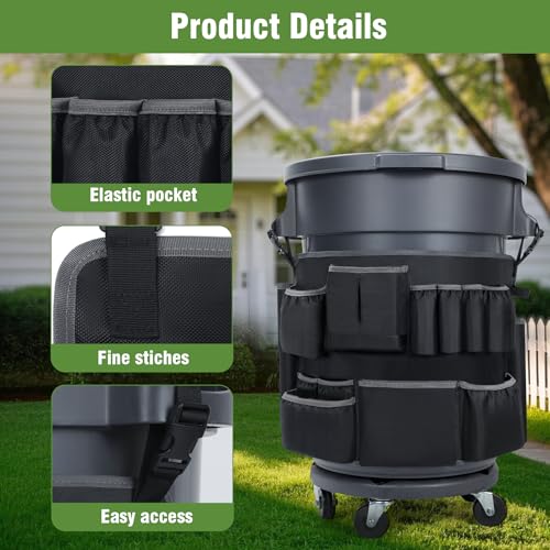 Image of Trash Can Caddy Bags Fit 32-55 Gallon Garbage Bin, Garbage Bin Caddy Bag with 13 Pockets Compatible with Brute & Uline, Commercial Cleaning Supplies Organizer Bag & Janitorial Duties(1PCS)