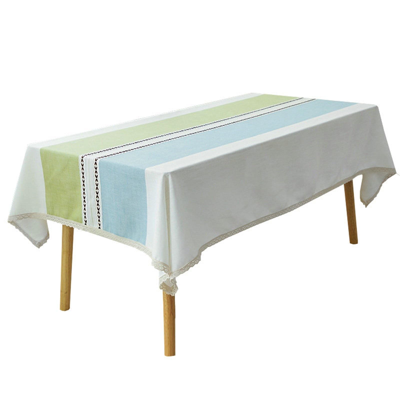 Mantel rectangular moderno de poliéster, mantel lavable a rayas con borde de encaje, mantel para mesas de casa, restaurante, café y hotel azul verde, 140 x 180 cm