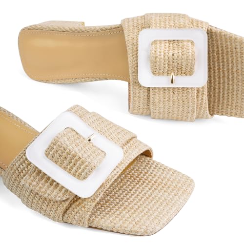 Image of Women's Slide Heeled Sandals Opened Square Toe Chunky Block Heel Slippers with Buckle Slip on Casual Comfortable Pumps