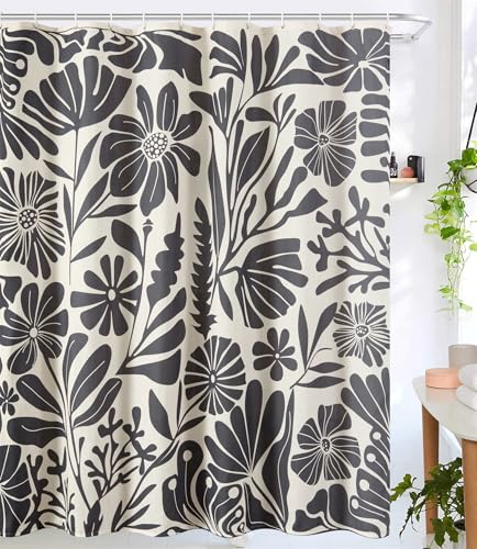 Roomtalks A BLACK MATISSE 72 Vintage Floral Faux Linen Shower Curtain For Bathroom Decor - 210Gsm Heavy Duty Modern Farmhouse Country Rustic Matisse Plants Botanical Shower Curtain Set thumb #1