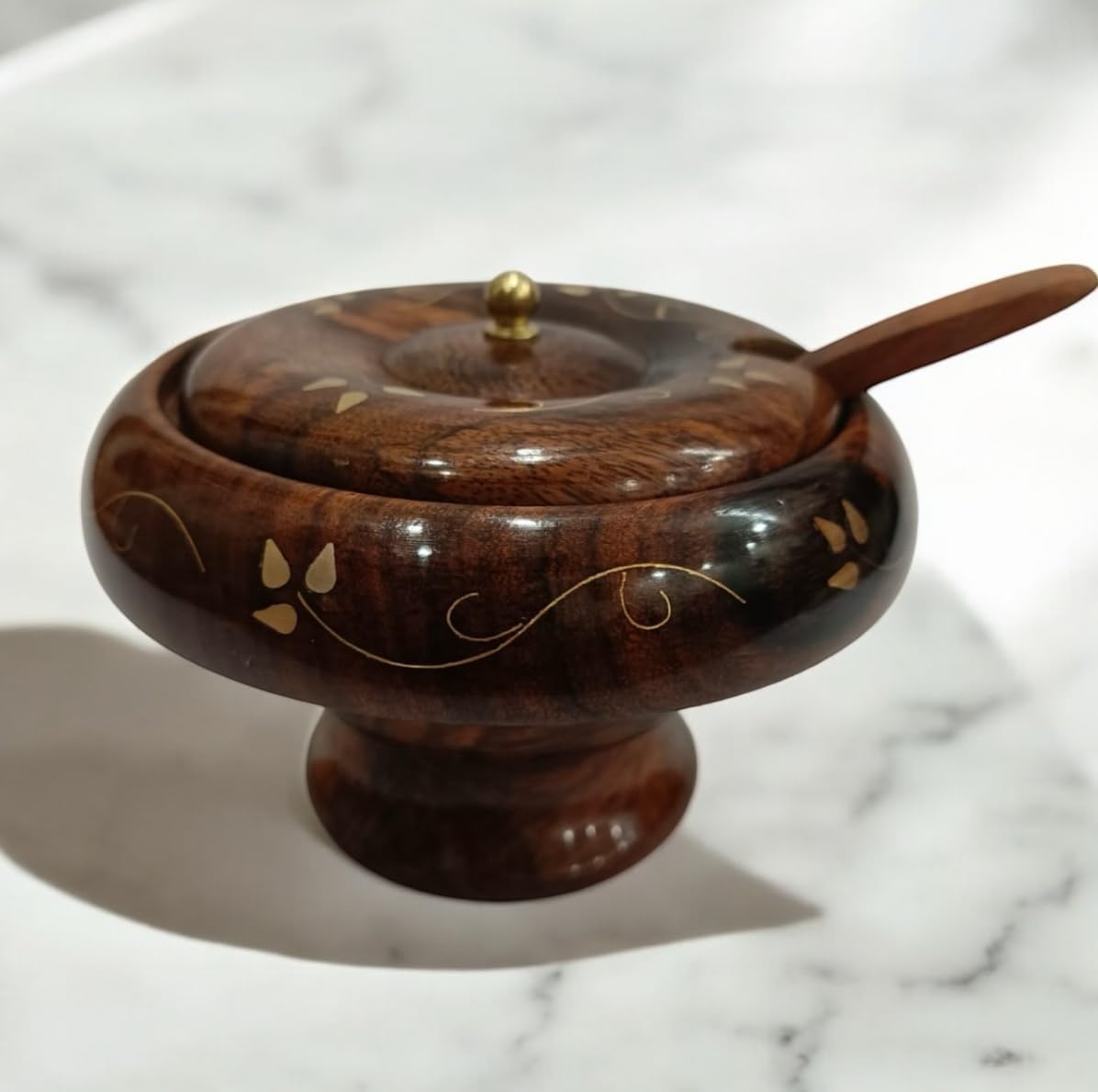 Handcrafted Wooden Sugar Pot with Spoon & Lid 5 Inch wooden Bowl with Brass Inlay Decorative Spice Storage Container for Kitchen & Dining Table