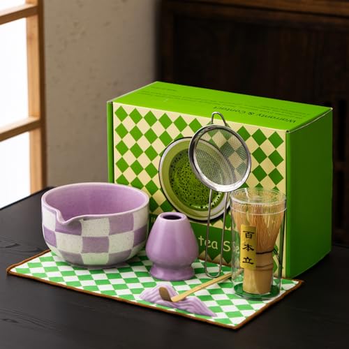 7-teiliges traditionelles Matcha-Tee-Zeremonie-Set, violette Keramikschale mit Bambus-Schneebesen, Halter und Sieb (violettes Gitter)