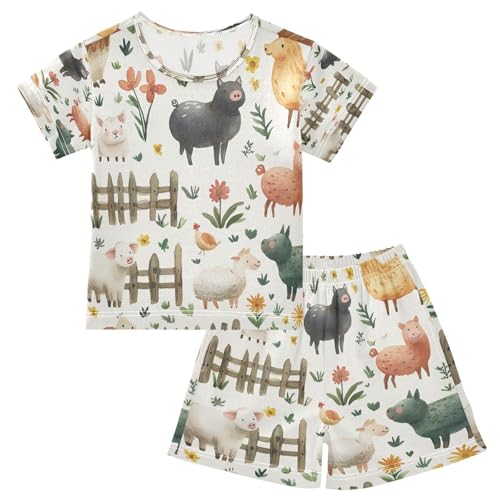 Pajama Sets Short Sleeve Farm Animals Pattern Print Soft Cotton Summer Sleepwear 2 Piece PJS Size 5-14T
