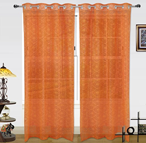 Image of Dekor World Orange Cotton Net Curtain Set (Pack of 2)-110x150cm (4x5Feet) Window Curtain