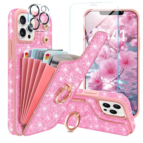 Casewind Case for iPhone 12 Pro Max Case Wallet,with [Credit Card Holder & 360°Ring Stand] [Screen Protector+Camera Lens Protector] Glitter PU Leather Protective Cover for 12 Pro Max Phone Case,Pink