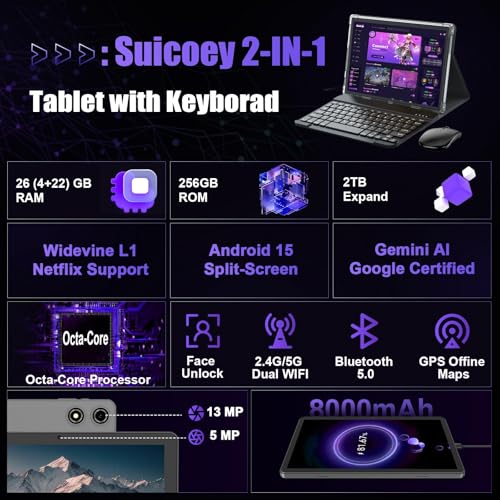 Image of Android Tablet 10 inch, 2026 Android 16 Tablet with Keyboard, 26GB+256GB (2TB Expand), Gemini AI Tablet with 8-Core, 8000mAh, 5G WiFi, Widevine L1, 2 in 1 Tablets PC with Case /Mouse /Stylus-Green Case