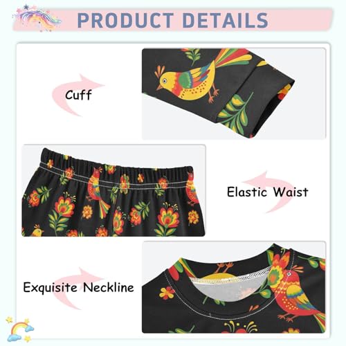 Pajama Sets Long Sleeve Bright Birds and Flowers Pattern Soft Comfy Sleepwear 2 Piece PJS 3-8T4