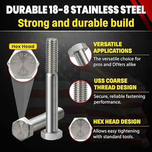 Image of Chenango Supply 3 /8-16 x 3 Stainless Steel Hex Head Bolts - 304 Stainless, USS Coarse Thread, 100,000-125,000 PSI Tensile Strength, Corrosion-Resistant Hardware Bolts, (25 Pieces, 3 /8-16 x 3)