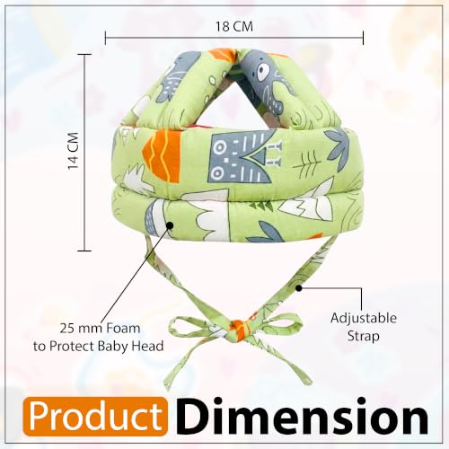 Image of GLUN Baby Head Safety Helmet, Pack of 1 Green Printed Colour, Lightweight & Breathable Safety Head Protector Helmet, Crawling, Soft Cushion Safety Headguard, 6-12 Months Cushion Bumper