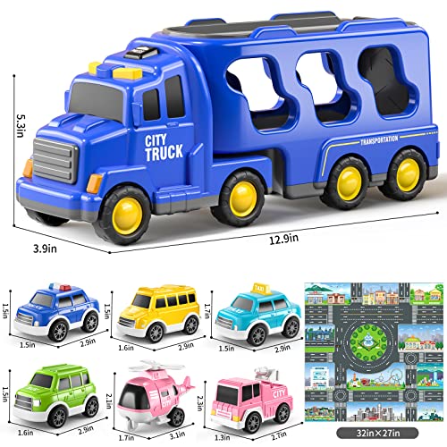 Temi Truck Toys Car For 3 4 5 6 Year Old Toddlers Boys, 7-In-1 Carrier Truck City Car Toys Set W/Play Mat, Car Toys Set For Kids 3-9, Toddler Boy Toys Christmas Birthday Gift #TOP6