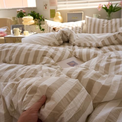 Image of VM VOUGEMARKET Khaki Striped Duvet Cover Set Queen Teens Boys Girls Dorm Bedding Set Soft Lightweight Reversible Microfiber Farmhouse Duvet /Quilt Cover-90 x90,Khaki White