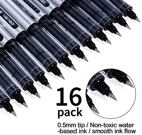 Liquid Ink Rollerball Pens, 16 Pack 0.5mm Stick Ballpoint Black Gel Pens for Adult Writing Note Taking School & Office Supplies