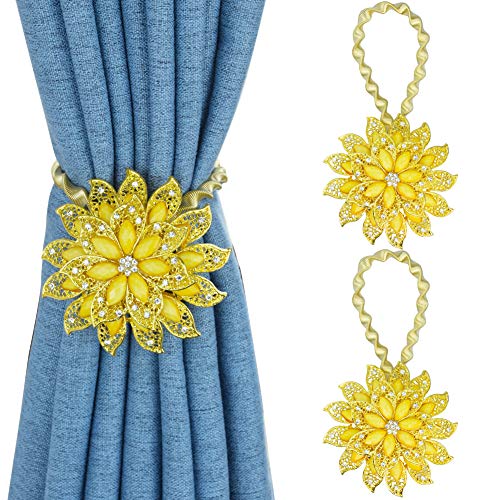 Mikomer 2Pcs Magnetic Curtain Tiebacks Decorative Crystal Flower Shape Window Curtain Holdback Buckles Tie Backs Holders With Stretchable Wire Rope For Home And Office,Golden+Yellow #TOP25