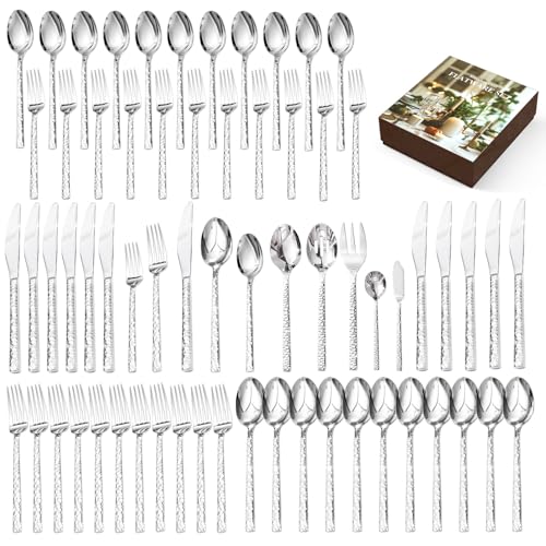 Image of KINGSTONE 65 Piece Hammered Silverware Set with Serving Utensils, 18 /10 Stainless Steel Flatware Set for 8, Cutlery Set for Home, Party, Wedding, Mirror Polished Dishwasher Safe